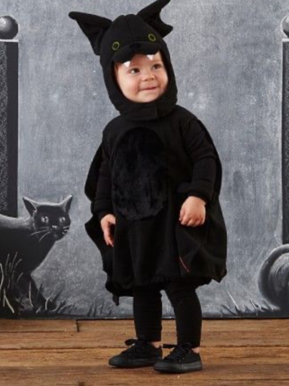 Pottery Barn Kids Black Bat Hooded Costume with Green Eye Accents Sz 4-6